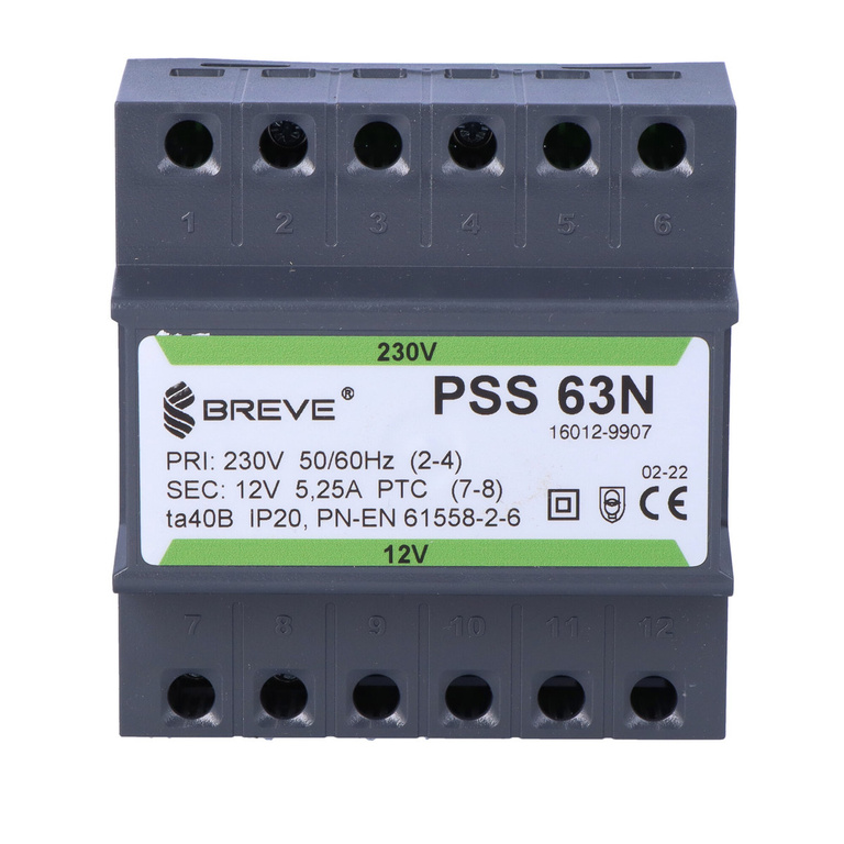 Single-phase transformer PSS 63N 230V to 12V IP30 on DIN rail TH-35 in modular housing