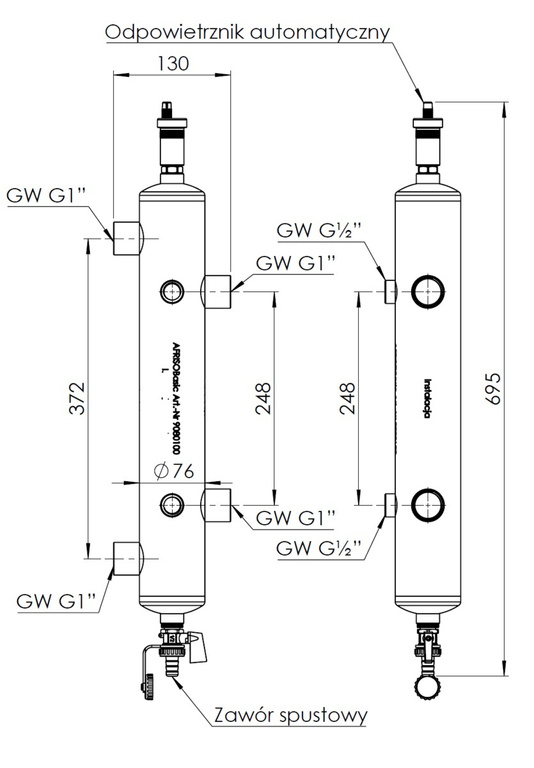 Hydraulikkupplung BLH 801, 4x GW G 1 Zoll, 4x GW G 1/2 Zoll, Wärmedämmung, automatischer Entlüfter, Ablassventil, Thermometer