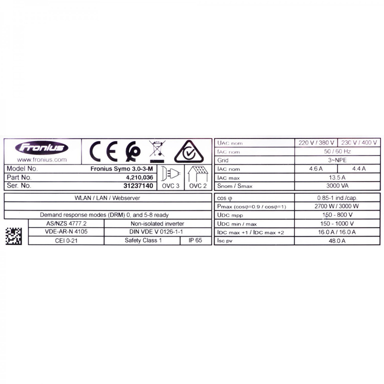 Onduleur triphasé Fronius Symo 3.0-3-M, On-Grid, 2 MPPT, Display, WiFi, 3 kW