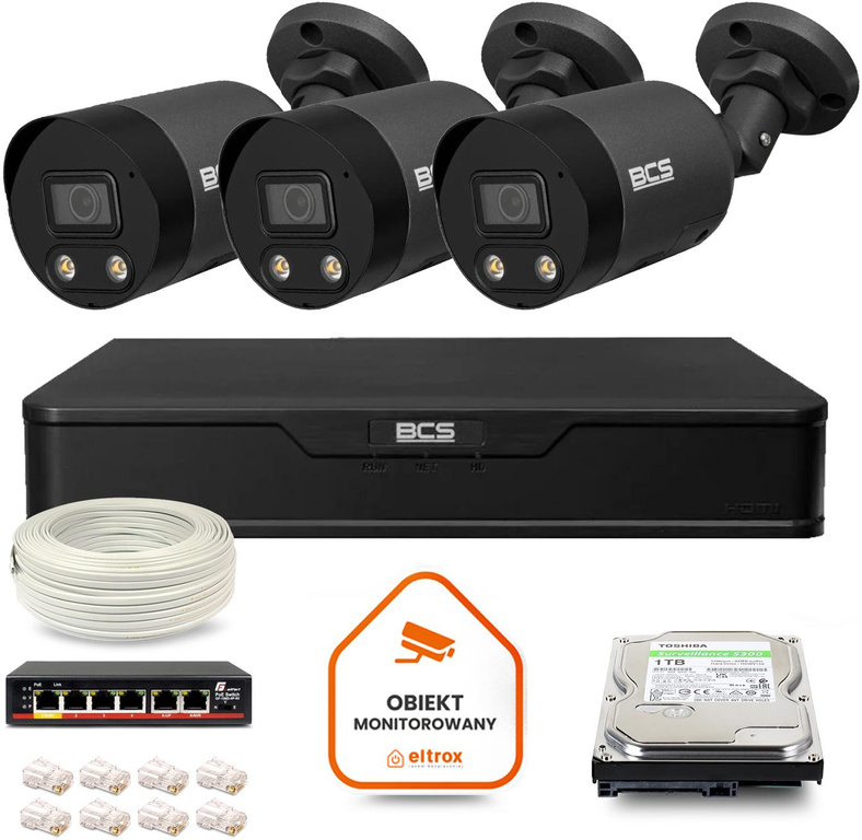 BCS Point IP Surveillance Kit 3x caméra BCS-P-TIP28FWR3L2-Ai2-G DVR avec disque 1TB