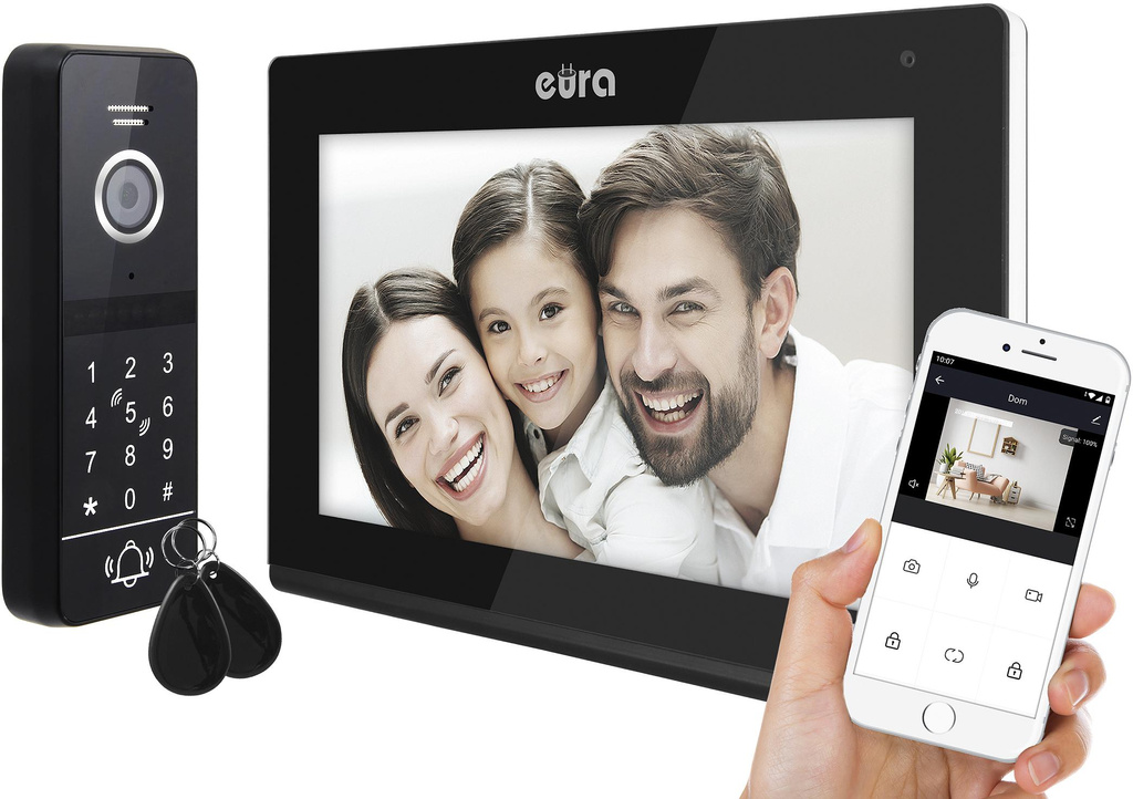 EURA VDP-97C5 vidéophone noir, lcd 7", wi-fi, lecteur de proximité, Tuya