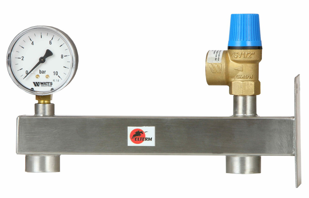 Security group c.w.u. INOX 8 bar, with safety valve and pressure gauge