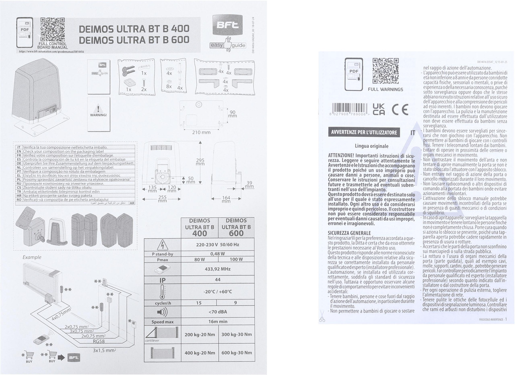 BFT DEIMOS Ultra BT KIT B600 INT - Automatizace posuvné brány 600 kg