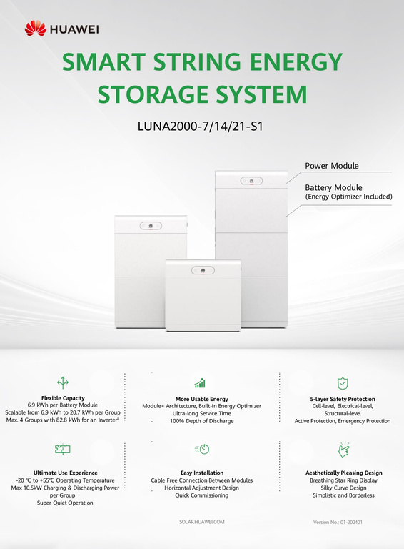 Huawei LUNA2000-14-S1 Système de stockage d'énergie , 13.8 kWh , LiFePO4, RS485, FE, CAN communication