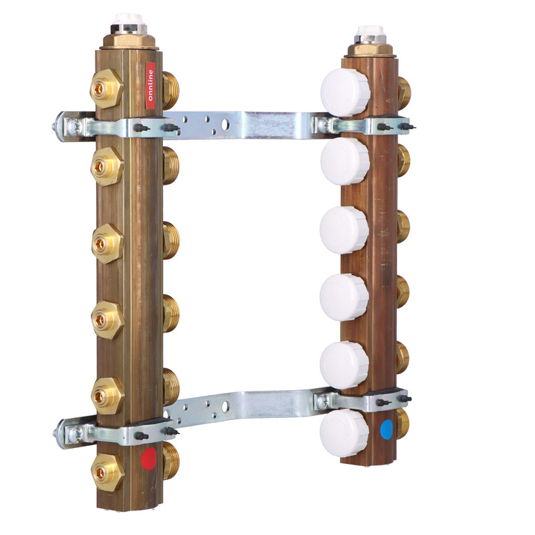 Manifold ONNLINE per riscaldamento a pavimento con valvole di regolazione e attuatore filettatura M30 - 6 circuiti