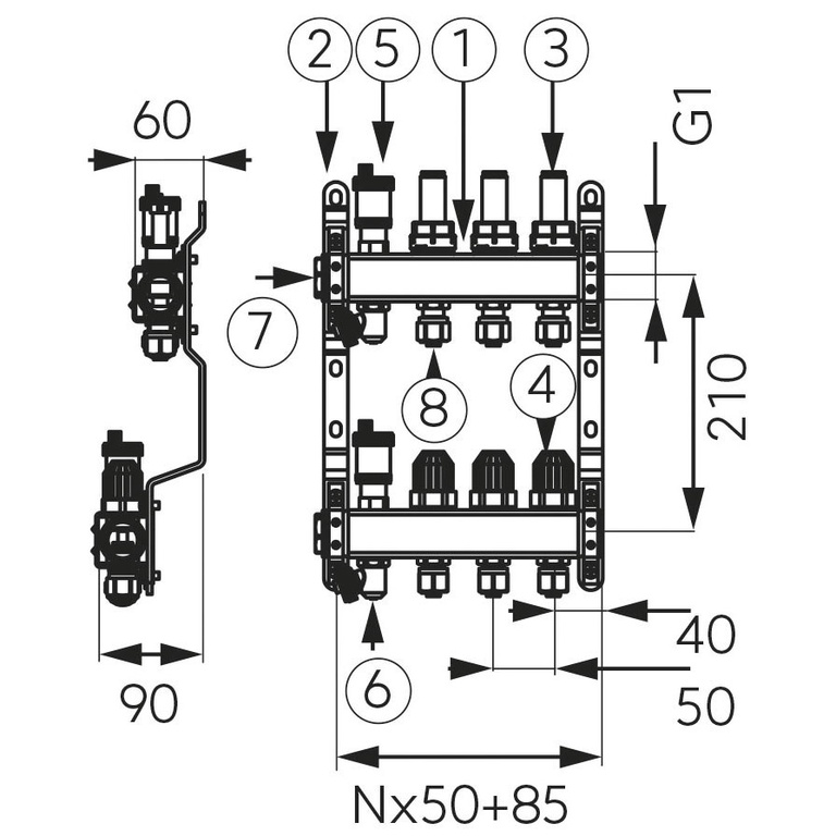 6-way manifold with thermostatic valves, flow meters and INOX fittings