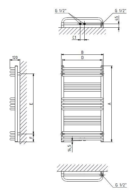 ONNLINE PBM 500x700 Badheizkörper, Heizleistung: 308W (75/65/20), Abstand: 50mm, Anschlussart: Z8 (unten Mitte), Farbe: weiß RAL9016,