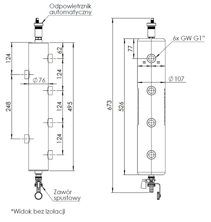 Isolierte Hydraulikkupplung BLH 850 mit Verteiler 70 kW 6x GW G 1 Zoll 2x GW G 1/2 Zoll Entlüftung automatisches Ablassventil