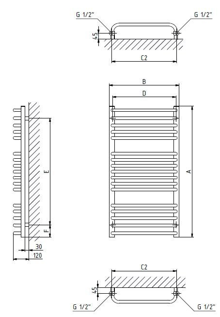 Grzejnik łazienkowy ONNLINE PBD 530x855, moc grzewcza: 455W (75/65/20), rozstaw: 490mm, typ podłączenia: SX (wyłącznie dolne na kolektorach), kolor