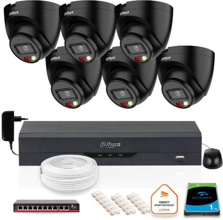 Uppsättning med 6 Dahua IP-kameror 4mpx IPC-HDW1439V-A-IL-Black med 1TB hårddisk
