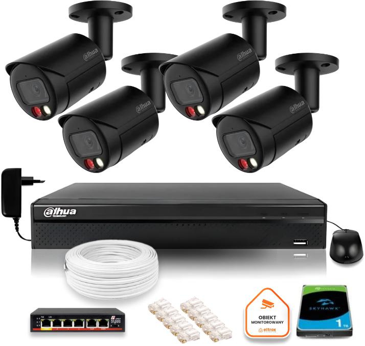 Kit de vigilancia IP Dahua 4MPx 2K cuatro cámaras negras para exteriores con unidad de 1TB