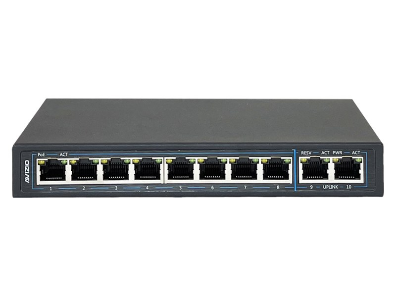 Niezarządzalny przełącznik (switch) 10xRJ45 - 8 portów RJ45 PoE+ 1Gb/s + 2 porty RJ45 Uplink 1Gb/s (budżet mocy 96W) AVIZIO