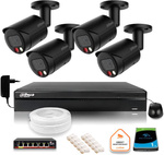 Kit de vigilancia IP Dahua 4MPx 2K cuatro cámaras negras para exteriores con unidad de 1TB