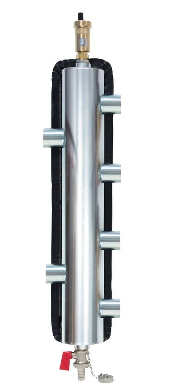 Isolierte Hydraulikkupplung BLH 850 mit Verteiler 70 kW 6x GW G 1 Zoll 2x GW G 1/2 Zoll Entlüftung automatisches Ablassventil