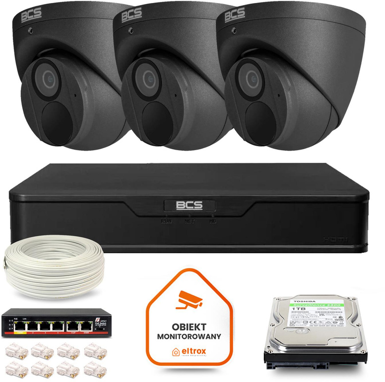 Zestaw monitoringu IP BCS Point 3x Kamera BCS-P-EIP28FWR3-Ai2-G Rejestrator z dyskiem 1TB