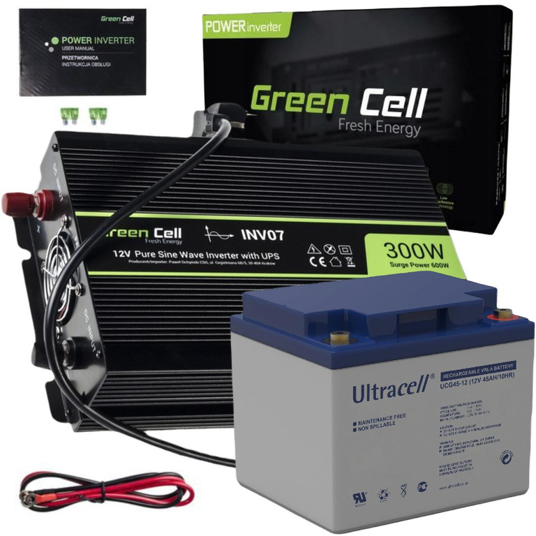 KIT Green Cell 12V / 230V 300W/600W CLEAN SINUS Converter + 12V 45Ah AGM BATTERY