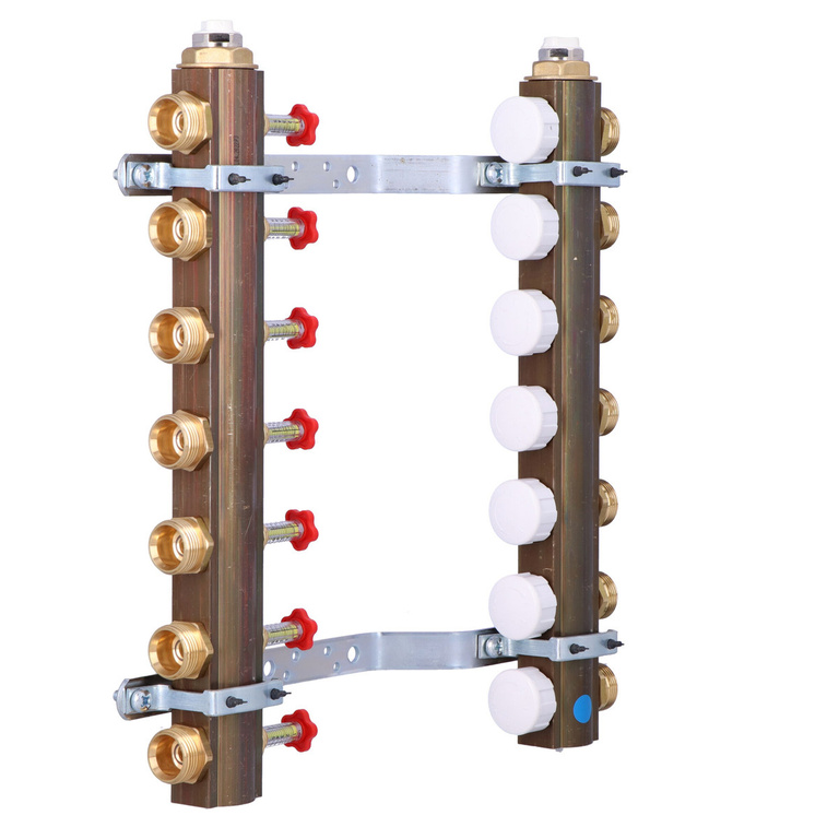 ONNLINE 1" manifold for underfloor heating with valves for actuators M30 thread and flow meters - 7 circuits