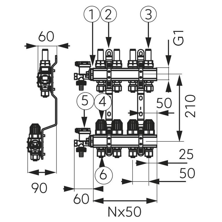 5-way manifold with thermostatic valves and flow meters
