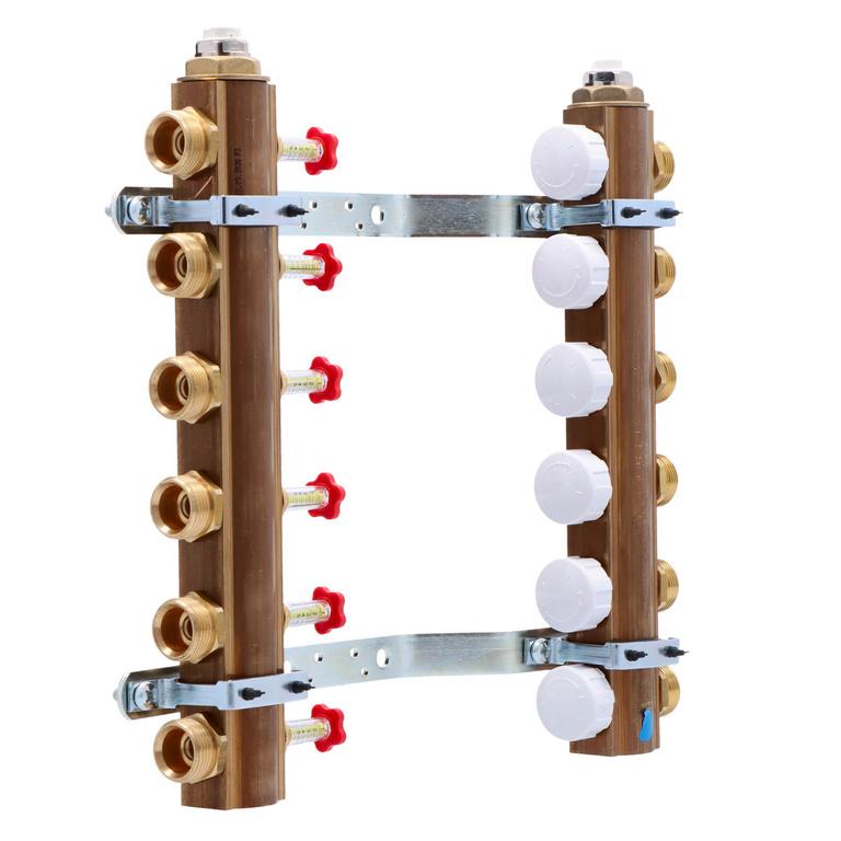 ONNLINE 1" manifold for underfloor heating with valves for actuators M30 thread and flow meters - 6 circuits