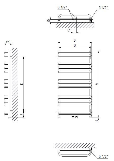 Grzejnik łazienkowy ONNLINE PBDM 500x740, moc grzewcza: 339W (75/65/20), rozstaw: 50mm, typ podłączenia: Z8 (dolne środkowe), kolor biały RAL9016,