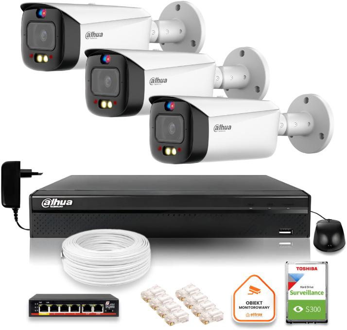 Dahua IP Surveillance Kit TIOC 5mpx 2K 3 kameror IPC-HFW3549T1-AS-PV-0280B-S5 DVR med hårddisk för kontinuerlig drift