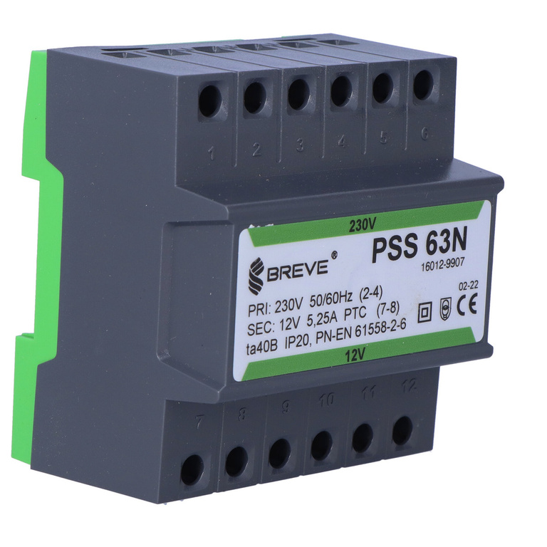 Eenfasige transformator PSS 63N 230V naar 12V IP30 op DIN-rail TH-35 in modulaire behuizing