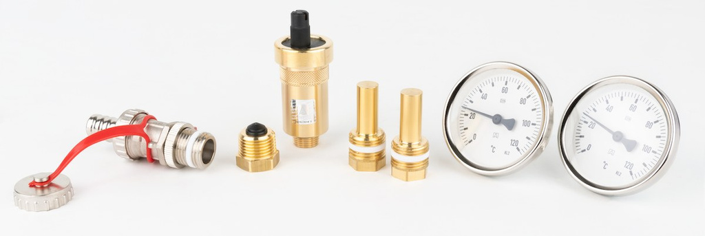 Hydraulikkupplung BLH 801, 4x GW G 1 Zoll, 4x GW G 1/2 Zoll, Wärmedämmung, automatischer Entlüfter, Ablassventil, Thermometer