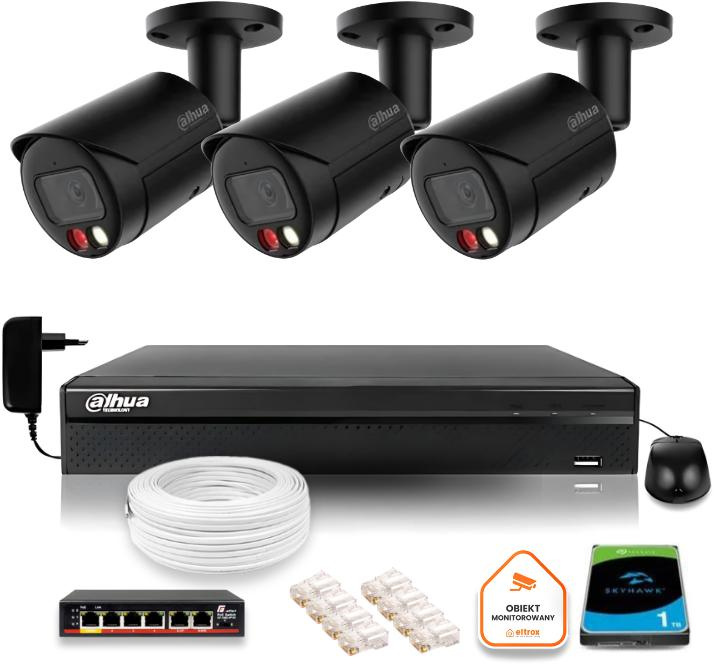 Kit de vigilancia IP Dahua 4MPx 2K tres cámaras negras para exteriores con unidad de 1TB