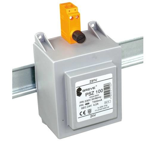 Transformateur monophasé PSZ 100 230V 12V IP30 sur rail DIN TH 35 en boîtier modulaire avec protection