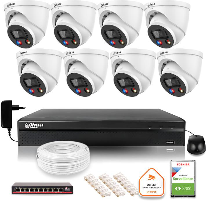 Dahua TIOC 8mpx 4K IP Surveillance Kit 8 kameror IPC-HDW3849H-AS-PV-0280B-S5 DVR med hårddisk för kontinuerlig drift