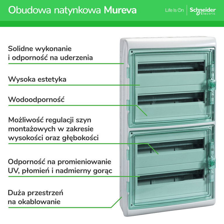 Rozdzielnica natynkowa Mureva (dawna Kaedra) IP65 MRV-4-18-NT-T drzwi transparentne 4 rzędy 18 modułów/rząd