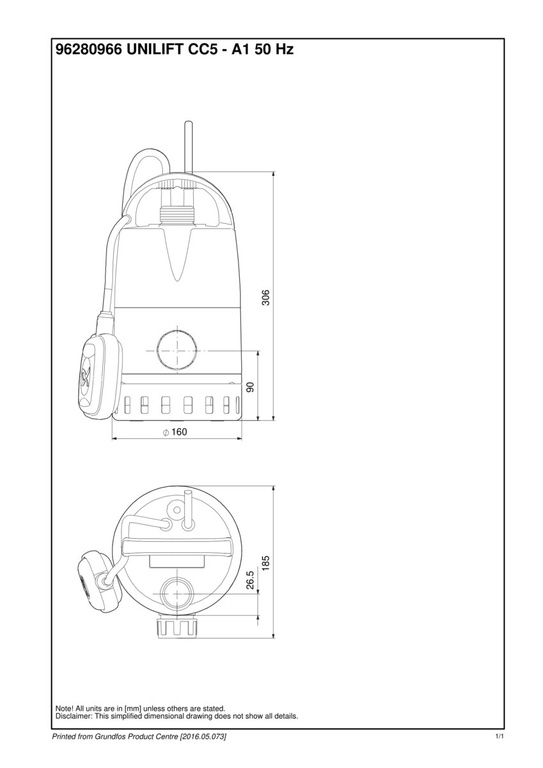 Pompa zatapialna do wody brudnej/ odwodnieniowa UNILIFT CC5-A1 1x230V, łącznik pływakowy, kabel zasilający 5 m z wtyczką.