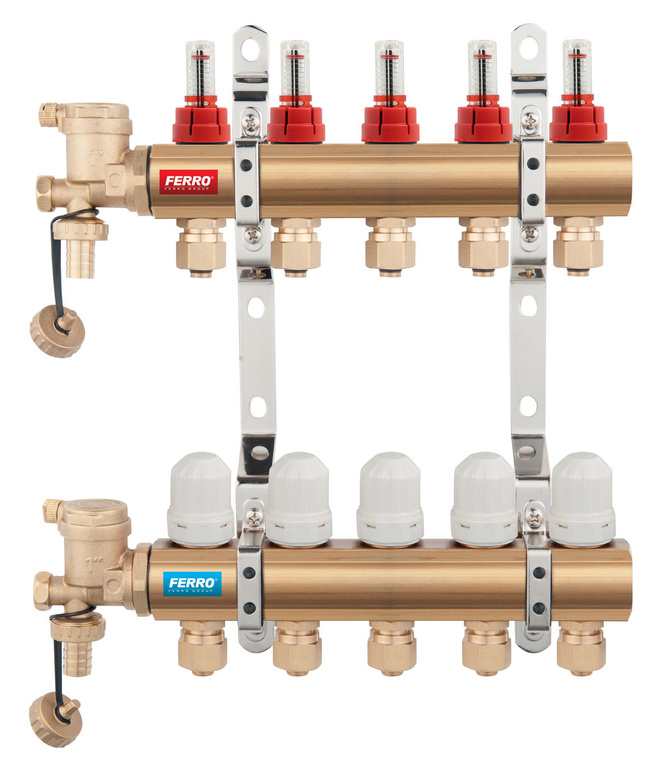 6-way manifold with thermostatic valves and flow meters