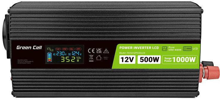 Green Cell PowerInverter LCD 12V -> 230V 500W/1000W CLEAN SINUSOIDA