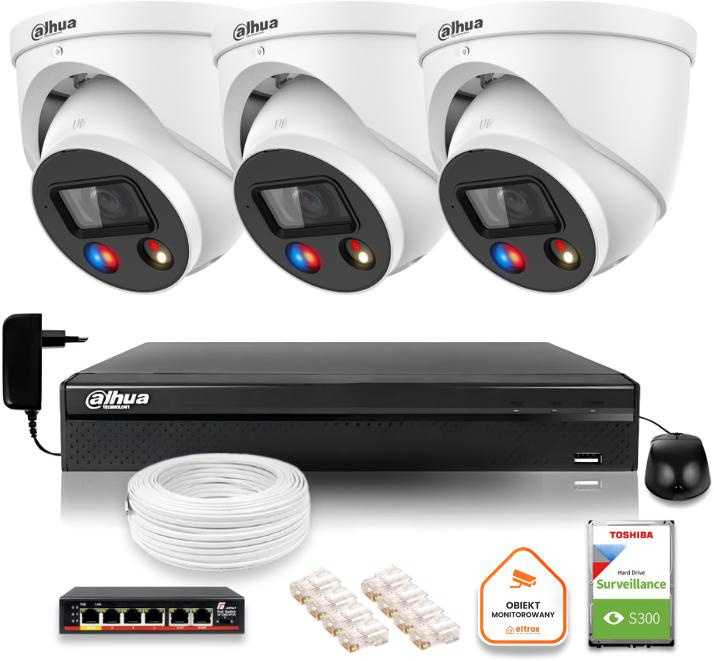 Kit di sorveglianza IP Dahua TIOC 5mpx 2K 3 telecamere IPC-HDW3549H-AS-PV-0280B-S5 DVR con unità disco per funzionamento continuo