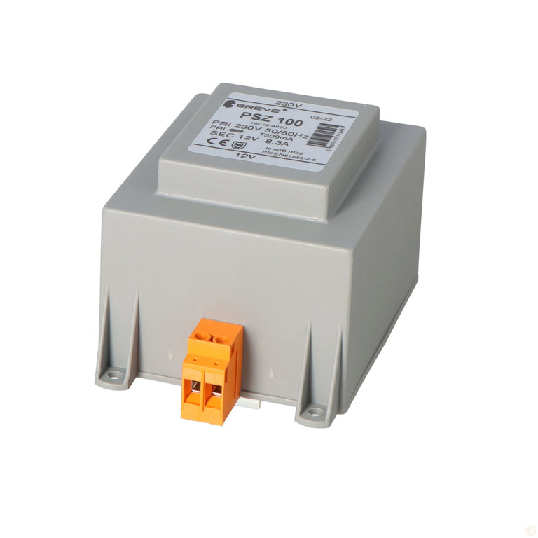Eenfasige transformator PSZ 100 230V 12V IP30 op DIN-rail TH 35 in modulaire behuizing met bescherming