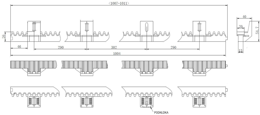 Barre dentée CAME M4x1000mm - nylon (âme métallique/max 800kg)