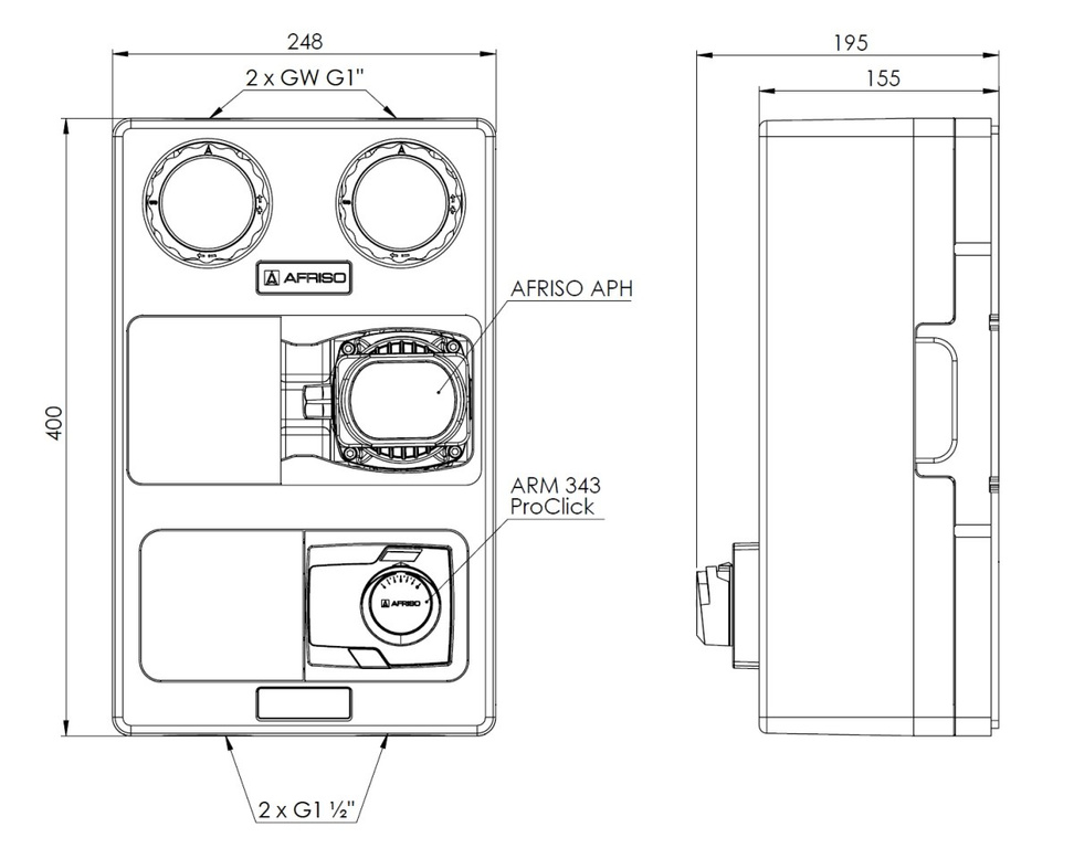 Gruppo pompa PrimoTherm K 180-2 DN25 AP 3-WM-SM, pompa AFRISO APH 25-7/180, valvola miscelatrice ARV Kvs 12, attuatore ARM 343 ProClick