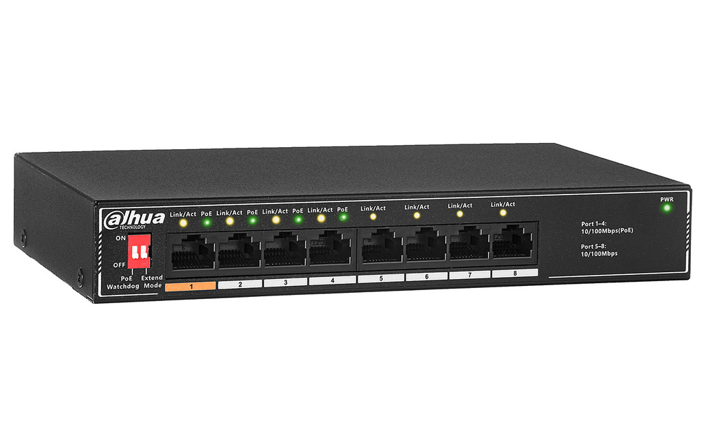 Switch Dahua SF1008LP 8-poorts 4x PoE 4x RJ45 60W 10/100 Mbps