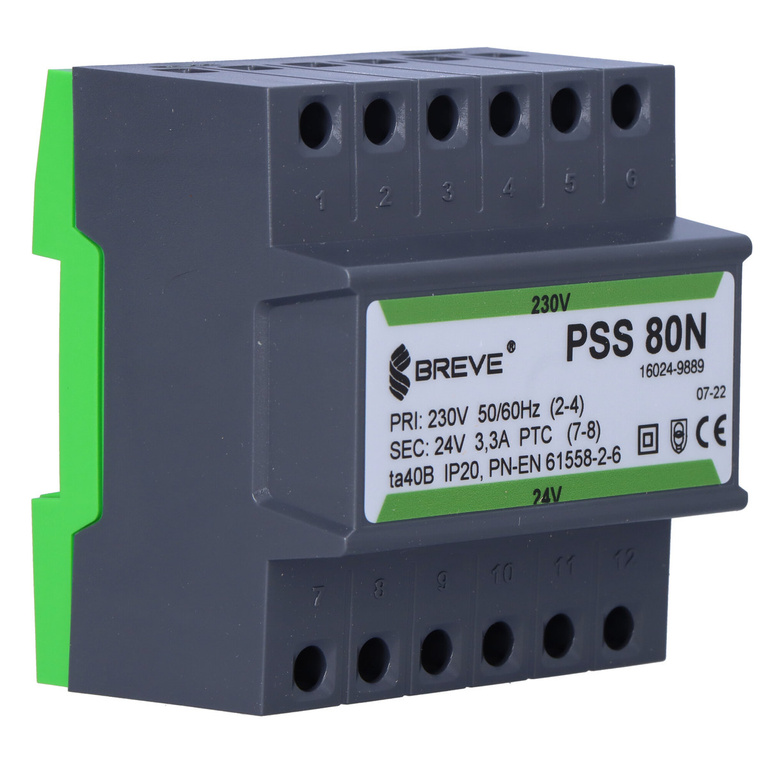 Single-phase transformer PSS 80N 230V 24V IP30 on DIN rail TH-35 in modular housing