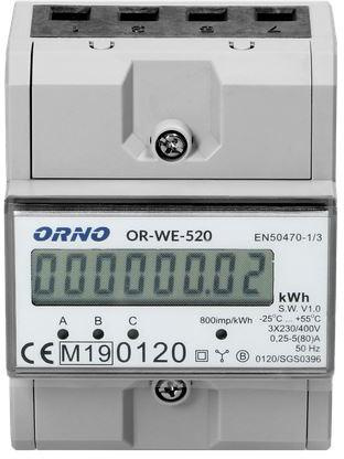 OR-WE-520 ORNO Compteur d'électricité triphasé, 80A, MID, 3 modules, DIN TH-35mm