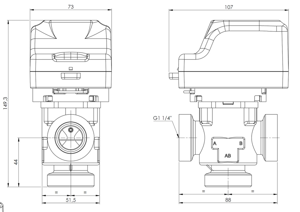 AZV 844 3-Wege-Ventil DN25 G1 1/4 Zoll Kvs 11 230 V AC AB-B
