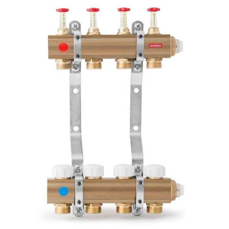 ONNLINE 1" manifold for underfloor heating with valves for actuators M30 thread and flow meters - 7 circuits