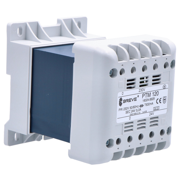 PTM 120 230V 24V IP21 egyfázisú transzformátor DIN sínes TH-35 szekrényhez