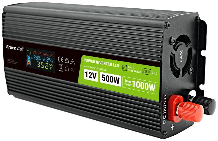 Green Cell PowerInverter LCD 12V -> 230V 500W/1000W CLEAN SINUSOIDA