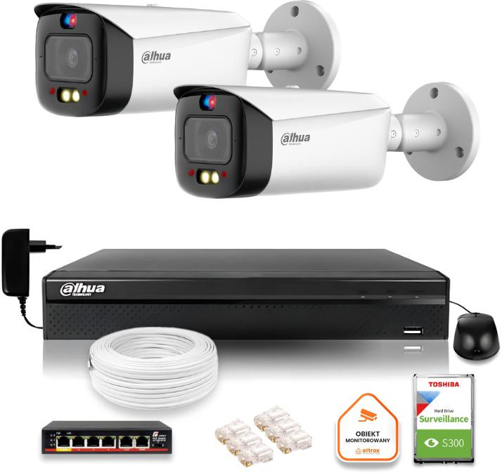 Dahua IP Surveillance Kit TIOC 5mpx 2K 2 Kameras IPC-HFW3549T1-AS-PV-0280B-S5 DVR mit Festplatte für Dauerbetrieb