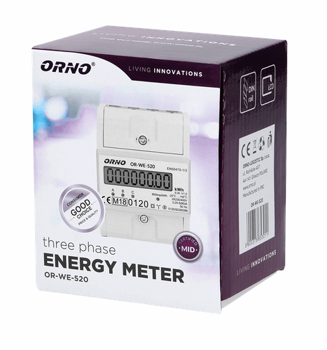 OR-WE-520 ORNO 3-phase electricity meter, 80A, MID, 3 modules, DIN TH-35mm