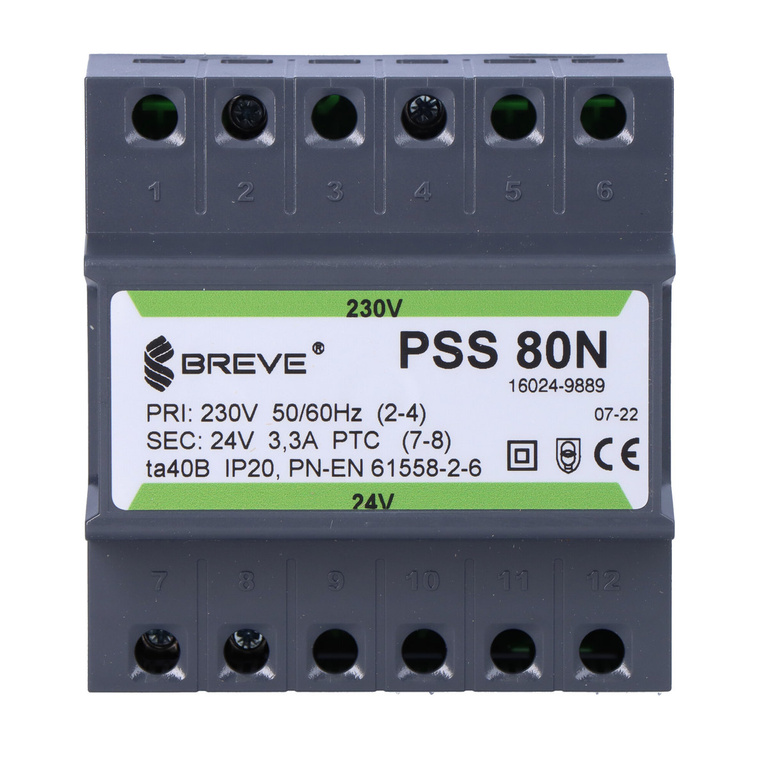 Single-phase transformer PSS 80N 230V 24V IP30 on DIN rail TH-35 in modular housing