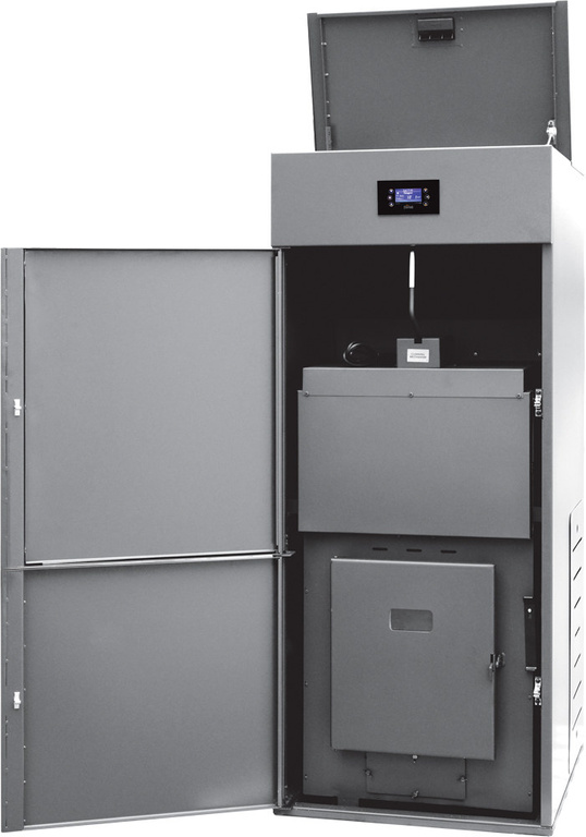 Ecologische pelletketel BIOPELLET PRO 18 met automatische regeling en grote brandstoftank, met watermantel voor efficiënte verwarming.