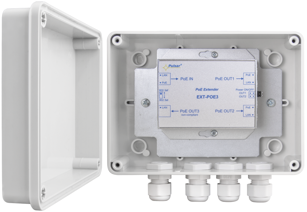 PROLONGATEUR POE PULSAR EXT-POE3H EN BOÎTIER HERMETIQUE POUR 3 CAMERAS IP